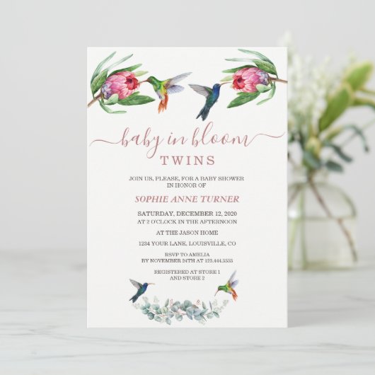 Invitation Colibris Twins Pink Protea Baby in Bloom (Debout devant)