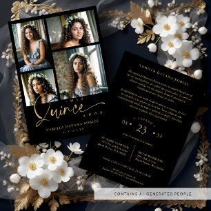 Invitation Collage de 4 photos de Quinceañera tendance noir e