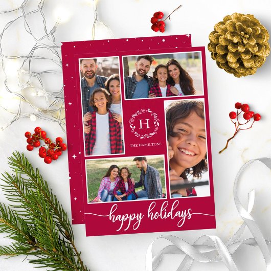 Invitation Collage de 4 photos Monogramme Joyeux Noël
