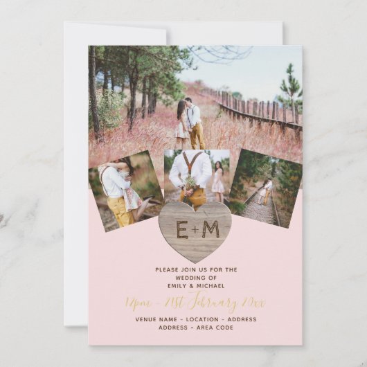 Invitation COLLAGE DE PHOTOGRAPHIE Coeur en bois rustique (Devant)