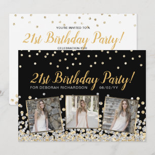 Invitation Collage de photos de confettis or argent 21e anniv