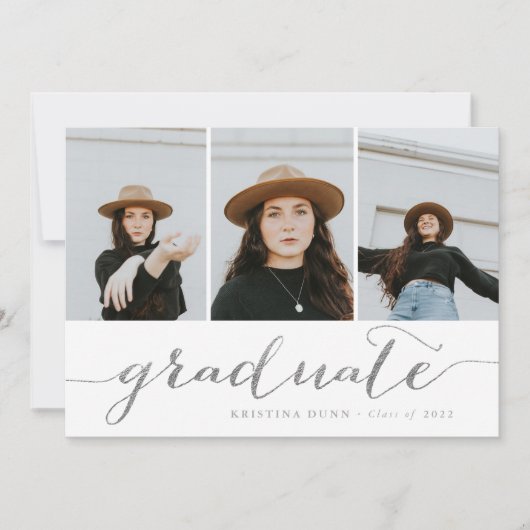 Invitation Collage de photos en argent du script de fin d'étu (Devant)