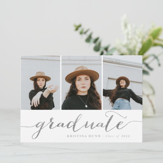 Invitation Collage de photos en argent du script de fin d'étu (Debout devant)