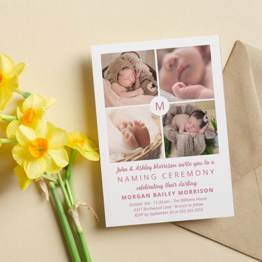 Invitation Collage de photos en rose monogramme Cérémonie de