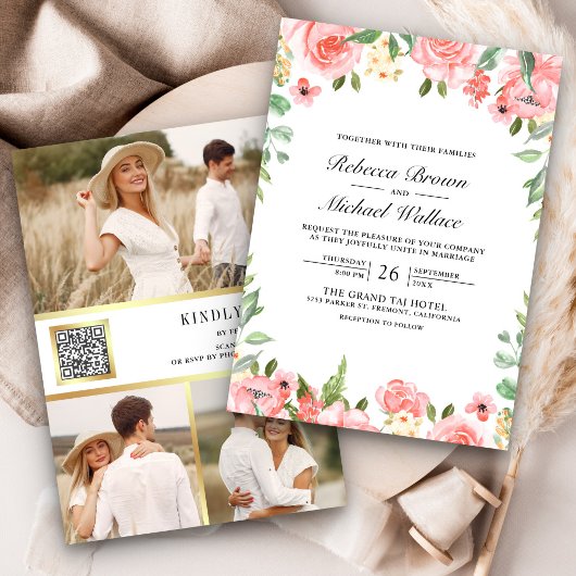 Invitation Collage de photos florale rose pâle QR Code Mariag