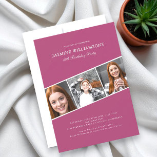 Invitation Collage de trois photos roses moderne pour anniver