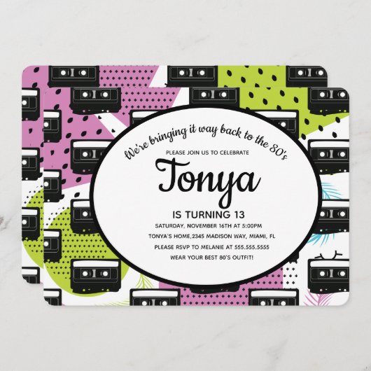 Invitation Collage Fille Rose 80s 90s Cassette Retour Arrière (Devant / Derrière)