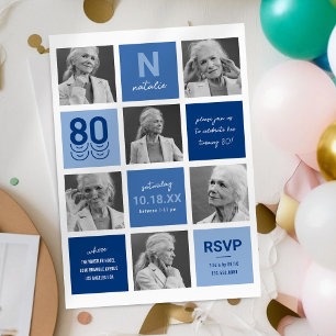Invitation Collage photo bleu 80e anniversaire