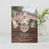 Invitation Collage photo Cœur gravé Bois rustique pour couple (Debout devant)