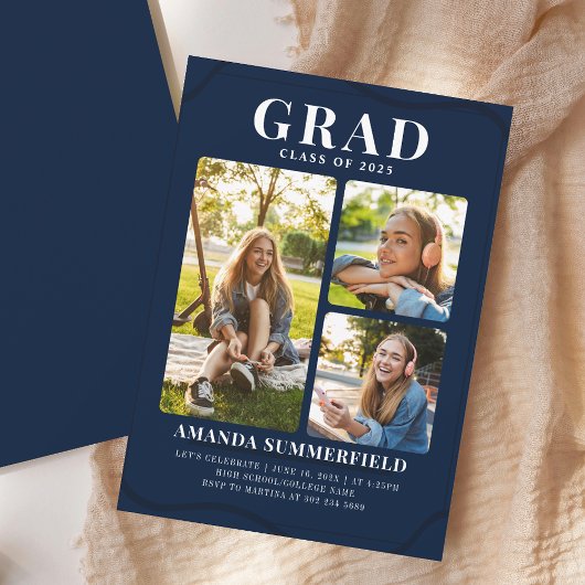 Invitation Collage photo de 3e année Marine Blue Graduation P