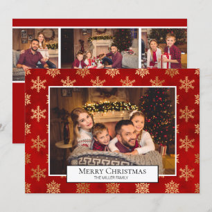 Invitation Collage photo de Noël Flocons de neige rouge et or