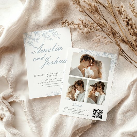 Invitation Collage photo FloraL français élégant avec code QR