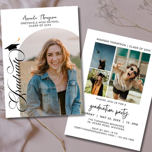 Invitation Collage photo moderne noir blanc Graduation