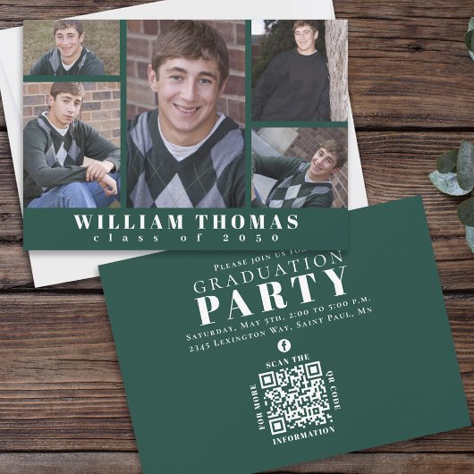 Invitation Collage photo multi-diplôme Dark Green QR Code