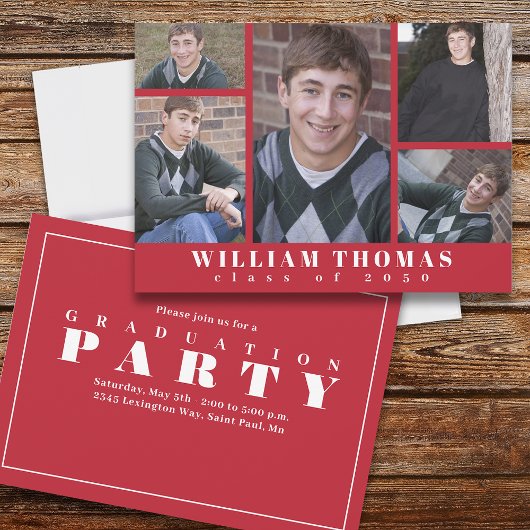 Invitation Collage photo multi-diplômé Simple Cardinal Rouge