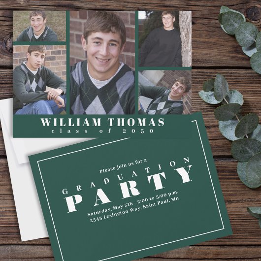 Invitation Collage photo multiple pour diplômés minimal vert 