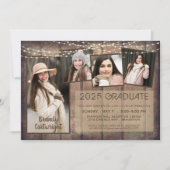 Invitation Collage photo rustique Bois Chaîne Lumières Gradua (Devant)