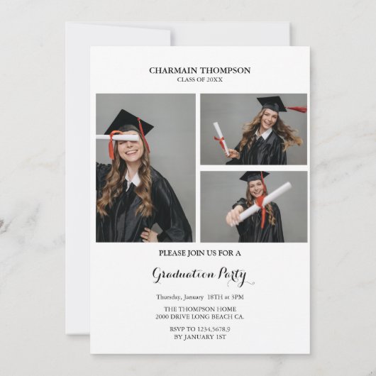 Invitation Collage photo simple Graduation noir et blanc (Dos)