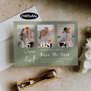 Invitation Collage photo vert romantique Enregistrer la date