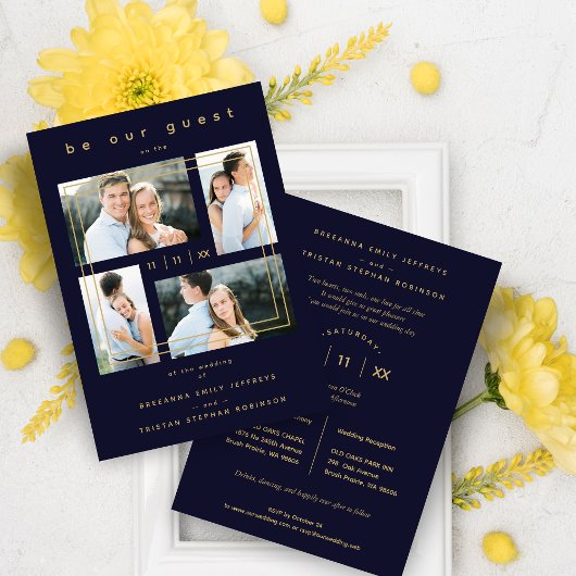 Invitation Collage Wedding 4 photos Navy Blue Trendy 