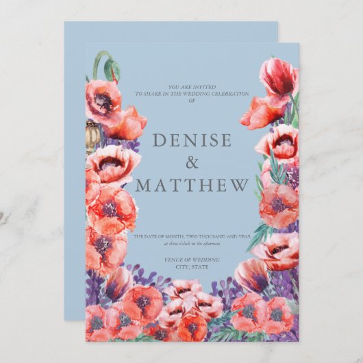 Invitation Collection de pavots avec fond bleu Omphalodes (Devant / Derrière)