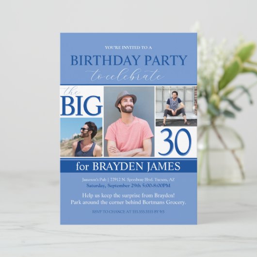 Invitation Collection photo bleu moderne 30e anniversaire Inv (Debout devant)