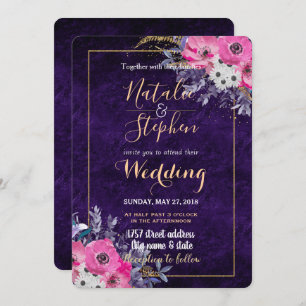 Invitation Collection Romantique or et mariage fleuri violet