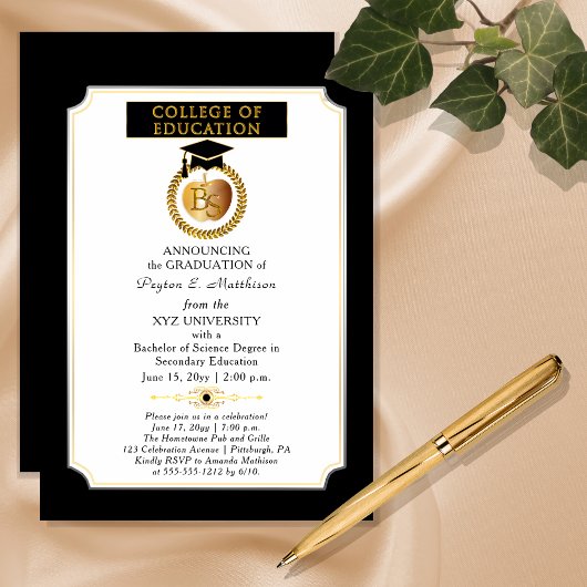 Invitation College of Education Degree Gold Apple Graduation