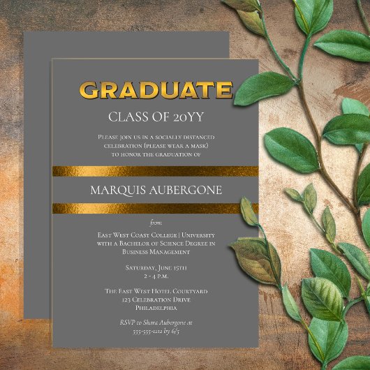 Invitation Collège Sleek | Gris Univ | Gold Graduation Party