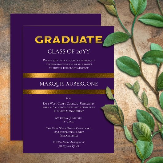 Invitation Collège Sleek | Univ Purple| Gold Graduation Party