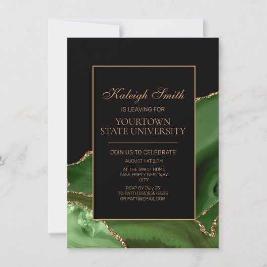 Invitation College Trunk Party Elegant Green Gold Marble (Devant)