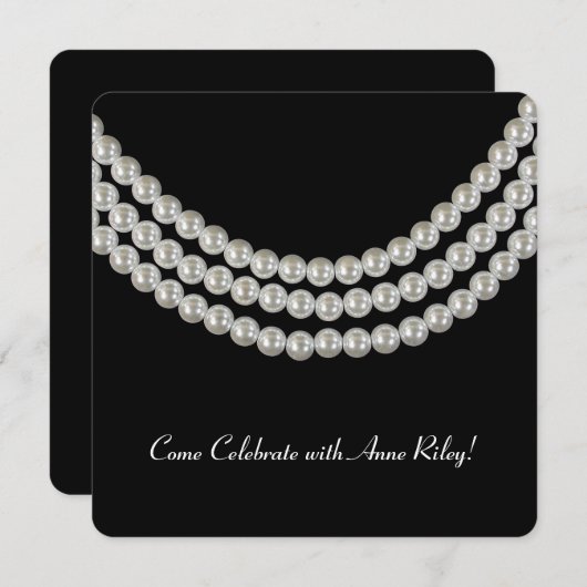 Invitation collier de perle blanche sur noir pour la fête d'a (Devant / Derrière)