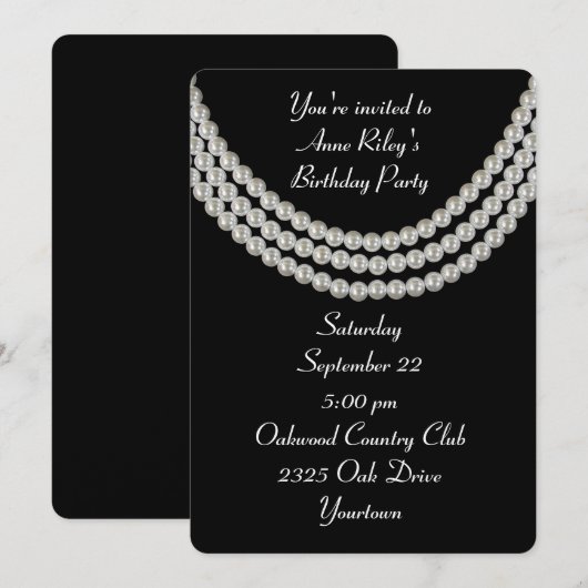Invitation Collier de perles blanches Birthday Party sur fond (Devant / Derrière)