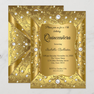Invitation Collier Perle Dorée pour Quinceanera 15ème Anniver