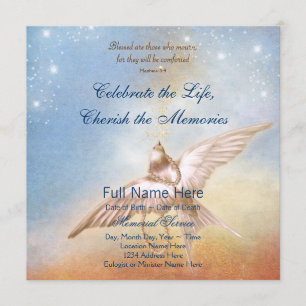 Invitation Colombe bleue or élégant Mémorial En souvenir affe