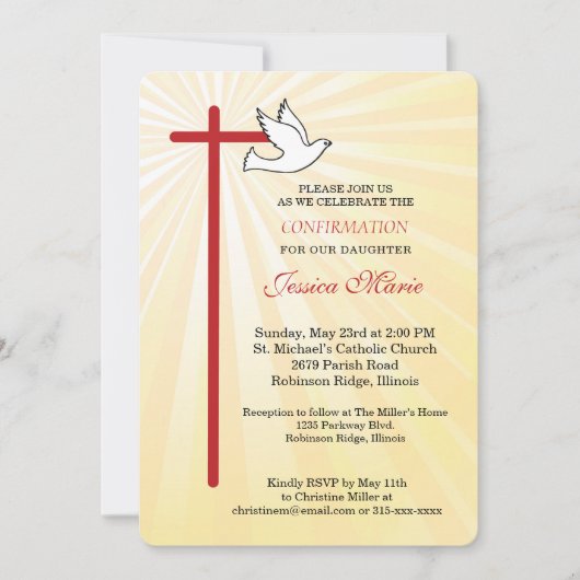 Invitation Colombe croisée arrondie Rayons dorés Confirmation (Devant)