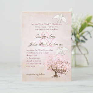 Invitation Colombe de l'Arbre à Feuille en Cœur Rose et Oisea