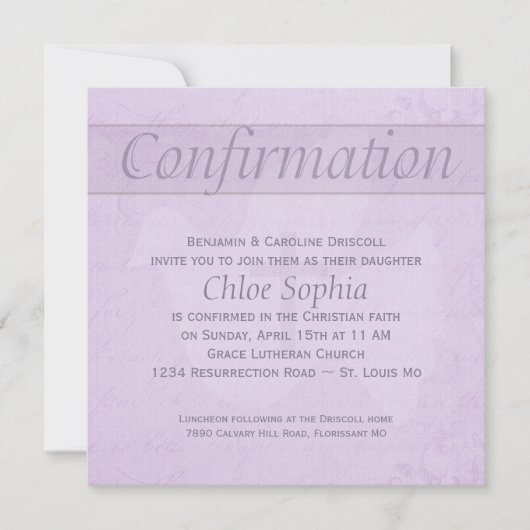 Invitation Colombe de Saint-Esprit de confirmation et lilas (Devant)