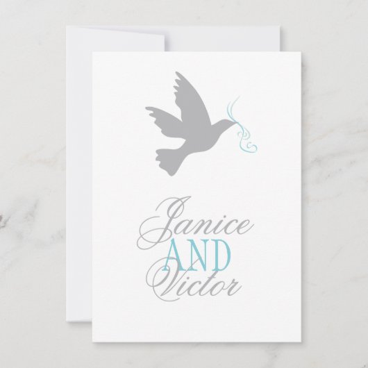 Invitation Colombe grise ruban bleu mariage formel RSVP (Devant)