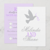 Invitation Colombe grise ruban violet mariage formel RSVP (Devant / Derrière)