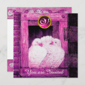 INVITATION COLOMBES BLANCHES À LA FENÊTRE ROSE, MONOGRAMME DE (Devant / Derrière)