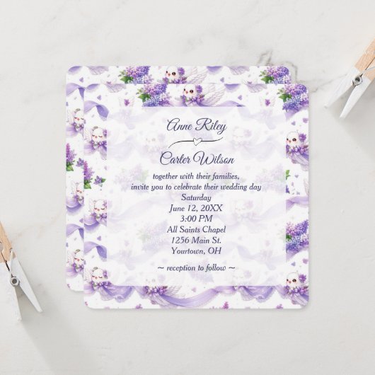 Invitation Colombes blanches de mariage avec lilas et rubans (Devant/Arrière en situation)