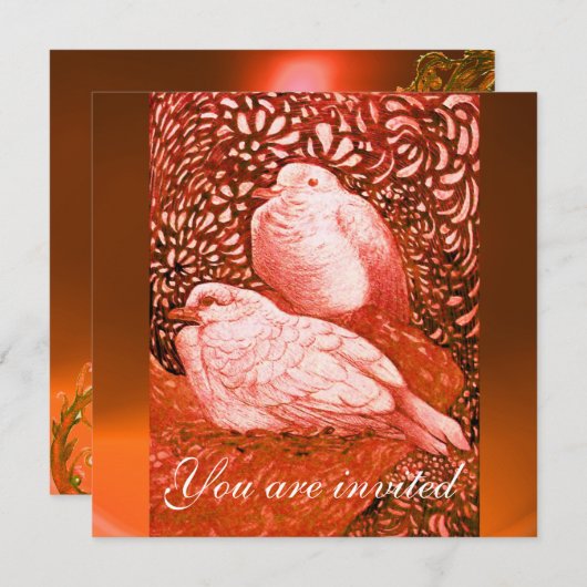 INVITATION COLOMBES BLANCHES EN ROUGE ORANGE (Devant / Derrière)