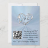 Invitation Colombes, Cœurs, Code QR - Bleu pastel/Argent (Dos)