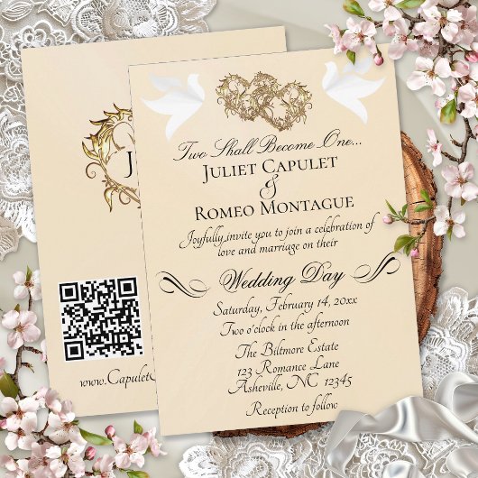 Invitation Colombes, Cœurs, Code QR - Peach Pearl/Or