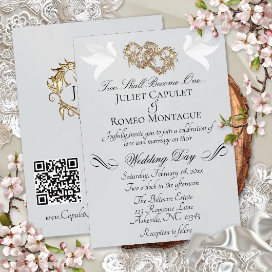 Invitation Colombes, Cœurs, Code QR - Perle Argent/Or