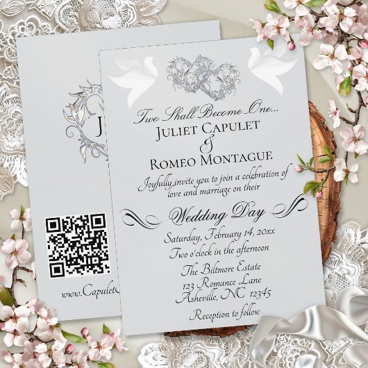 Invitation Colombes, Cœurs, Code QR - Perle d'Argent/Argent