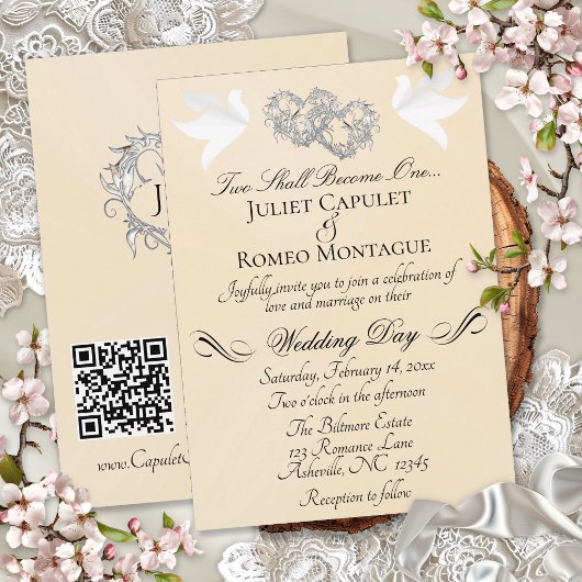 Invitation Colombes, Cœurs, Code QR - Perle pêche/Argent
