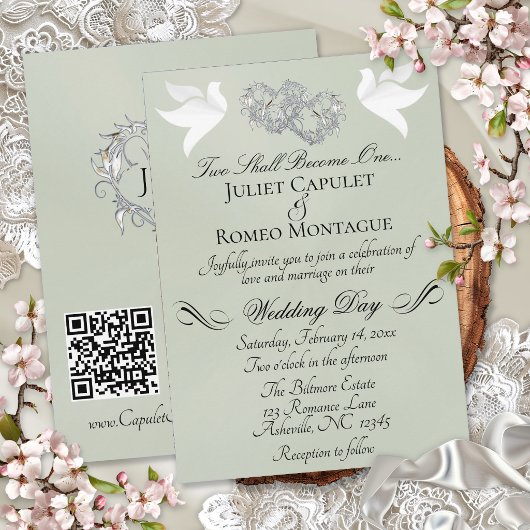 Invitation Colombes, Cœurs, Code QR - Sage Perle/Argent