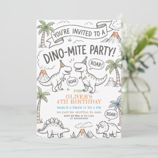 Invitation Color Me Dinosaur Birthday Party (Debout devant)